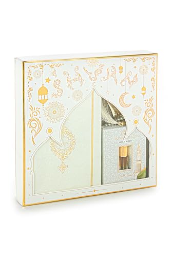 ihvan online Prayer Gift Set for Men & Women, Thin Soft Muslim Prayer Rug, Salah Mat, Beads Taasbih, Arabic Holy Quran, Islamic Gift Set for Ramadan & Eid, White - color: White