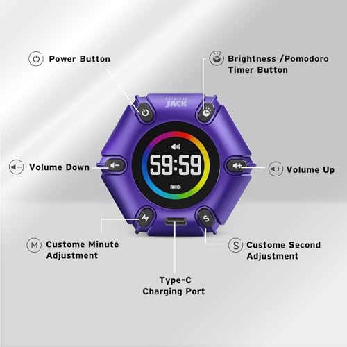 Printers Jack, Productivity Cube Timer, Visual Pomodoro Timer, Mute & Vibration & Adjustable Sound Alert, ADHD, for Office, Study, Work, 3/5/10/25/30/60min & Custom Countdown - Purple - color: Purple