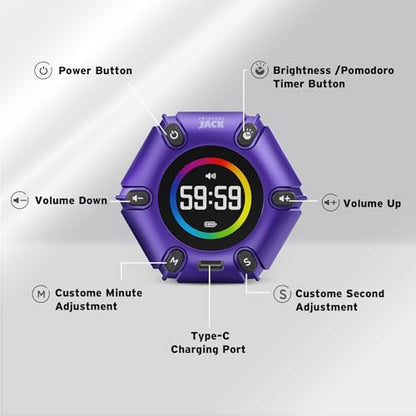 Printers Jack, Productivity Cube Timer, Visual Pomodoro Timer, Mute & Vibration & Adjustable Sound Alert, ADHD, for Office, Study, Work, 3/5/10/25/30/60min & Custom Countdown - Purple - color: Purple