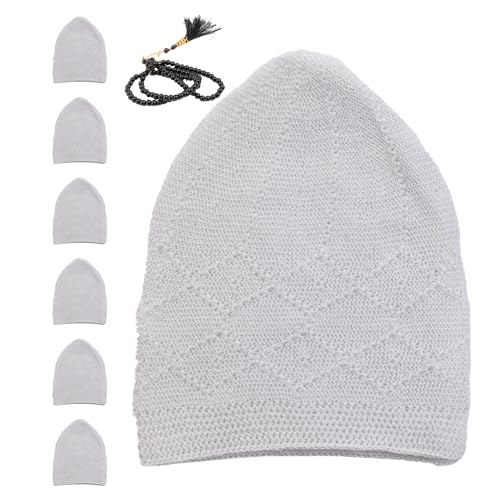 Muslim Kufi Hats for Men, Velvet Crochet Islamic Prayer Cap, Stretchable, Breathable Knit Skull Beanie,Standard Size - color: Rumi - White