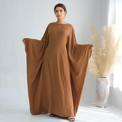 Abaya Dress for Women Soft Crepe Like Linen Khimar Butterfly Batwing Dubai Islam Muslim Kaftan Modest Prayer Dress - color: Khaki, size: Medium