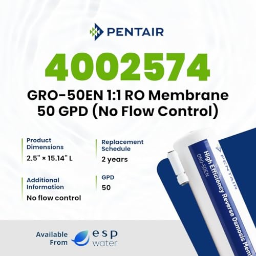 Pentair GRO-50EN RO Membrane 50 GPD No Flow Control 4002574 – 1:1 Ratio High Efficiency TLC Encapsulated Reverse Osmosis Element with 1/4 Inch Quick Connect Fittings and Permeate Check Valve - size: 50 GPD No Flow Control