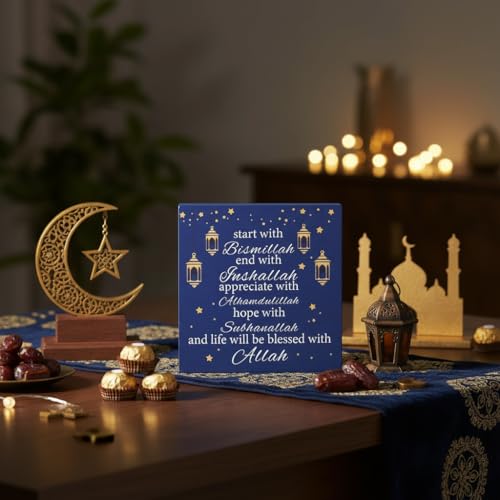 Smile Inspirational Wooden Decor, Eid al‑Adha Appreciate and Hope Sign for Islamic Tiered Tray Muslim Party Tabletop Home Decor - style: Retro