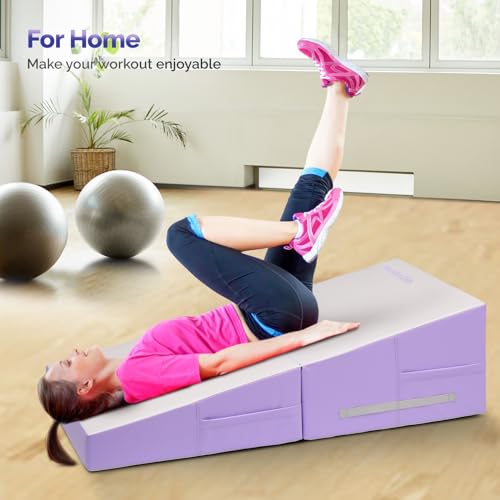 Matladin 48"x24"x14" Tumbling Mat - Folding Gymnastics Cheese Wedge Mat for Kids, Girls Home Training - color: White, Purple