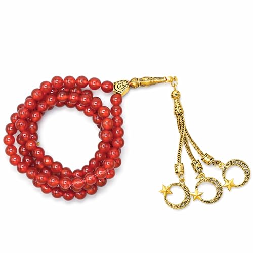 Amazing Gemstone Crystal Tasbeeh with Moon and Star Charm - Certified Crystal Muslim Prayer Beads Natural Gemstone Tasbih Gift for Ramadan Dhikr and Daily Namaz (G) - color: Red Onyx