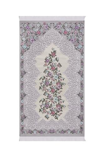 SODEF Goblen Prayer Rug Floral Pattern Silky Texture 65 x 110 cm Cotton with Woven Base and Braided Tassels - Stone, 26x43 inch