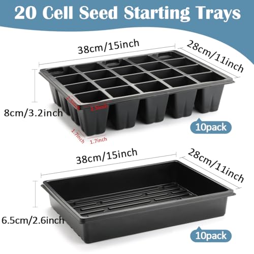 RooTrimmer 10 Pack 2.5 inch Square Pots 3.5 inch Deep 20 Cell Seedling Plug Trays with Water Collection Nursery Trays (15"x11"x3") for Seeds Starting and Transplanting - size: 20 Cell Plug Trays + Flat Trays-10P