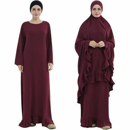 2PCS Women Muslim Prayer Abaya Dress Ruffle Trim Side Pockets with Khimar - color: Wine Red, size: Large