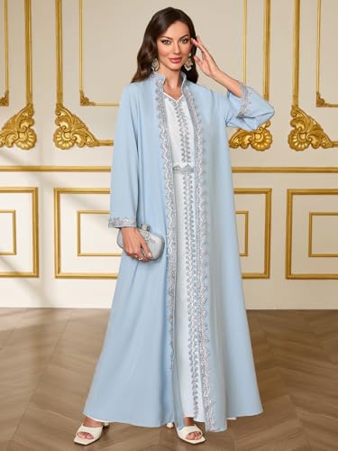 Elegant Muslim Dress Traditional Islamic Attire Maxi Robe Eid Prayer Gown - color: Light Blue, size: Small