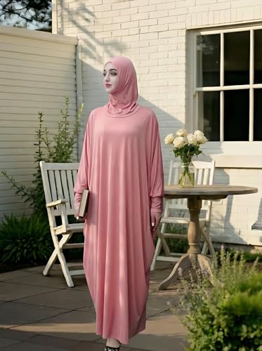 Women's Solid Muslim One-Piece Prayer Dress Abaya Kaftan with Hijab Full Length Dress - color: Pink