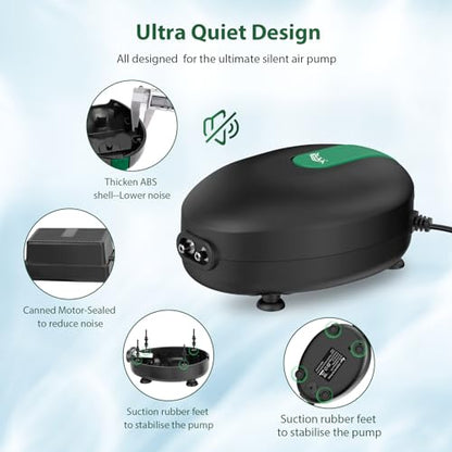 AQQA Aquarium Air Pump Whisper Oxygen Aerator Powerful Fish Tank Air Pump Dual Outlets Adjustable Airflow Bubblers with Air Stone Tubes Check Valves (8W for Up to 160Gal Tank) - size: 8W for Up to 160Gal Tank