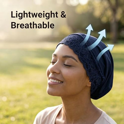 ZLYC Hijab Cap for Muslim Women Soft Stretchy Open-Back Underscarf Hat Breathable Inner Hijab Undercap - color: Lace Navy