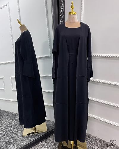 Abaya Muslim Prayer Dress Set Ramadan Open Front Islamic Clothing 3pcs Prayer Robe with Waist Apron Loose Flowy - color: Black, size: X-Large
