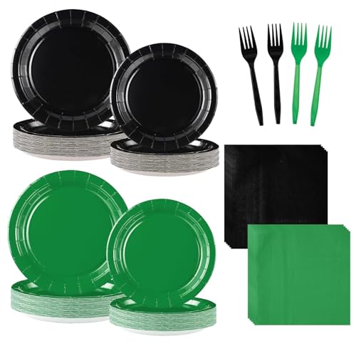 Grencian 96Pcs Green and Black Birthday Decorations Graduation Party Plates and Napkins Solid Color Disposable Heavy Duty Green and Black Tableware Set for Graduation Decorations 2026 - style: Black Green Sets