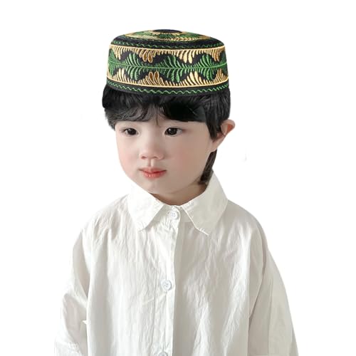 Kids Boys Muslim Prayer Kufi Hat Islamic Prayer Cap Embroidered Prayer Headwear Cap Praying Skull Cap Topi Ramadan Eid Hat - color: Black-medium