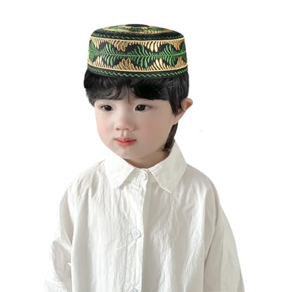 Kids Boys Muslim Prayer Kufi Hat Islamic Prayer Cap Embroidered Prayer Headwear Cap Praying Skull Cap Topi Ramadan Eid Hat - color: Black-medium