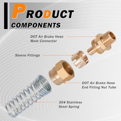 4PCS Brass DOT 3/8”Hose x 3/8" Male Air Brake Hose End Fitting | DOT Approved Air Fittings with Spring Guards, with 8Pcs Fitting Sleeve Tubes, 3/8” Male Connector for Rubber Tube - size: 3/8" Hose x 3/8" Male, style: 4pcs Connector with Spring Guard