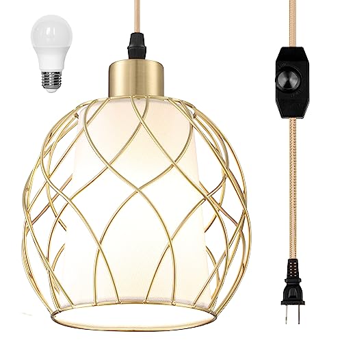 Cinkeda Plug-in Pendant Light, Hanging Lamp with Linen Shade, 15ft Golden Cotton Cord, Plug-in Light Fixture for Bedroom (Bulb Included) - color: Gold
