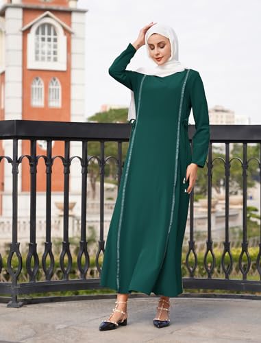 IDOPIP Women Long Sleeve Maxi Muslim Abayas Solid Ramadan Abaya Muslim Dress Full Cover Loose Maxi Kaftan Dresses Embroidery Arabic Dress Islamic Dubai Robe Prayer Dress Clothes Dark Green XL at Amazon Women’s Clothing store