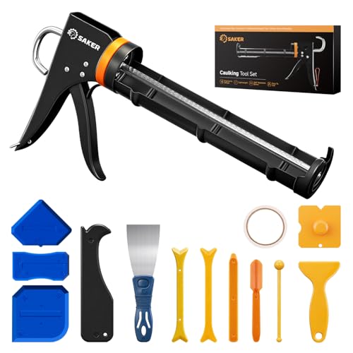 Saker Caulk Gun Kit, Manual Caulking Gun with 11-in-1 Caulking Tool Set, Silicone Sealant Finishing Tools, Grout Scrapers & Shapers with Masking Tape for Bathroom, Kitchen, Window & Home Repair