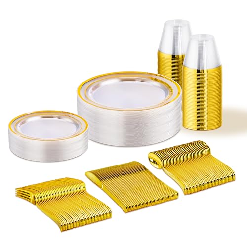 WELLIFE Clear and Gold Plastic Plates, Dinnerware Set for 25 Guests - color: Clear Gold, size: 25 Guests