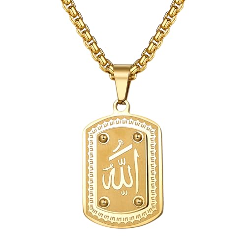 OIDEA Allah Necklace for Men: 18K Gold Plated Stainless Steel Dog Tag Pendant Necklace Islamic Muslim Jewelry Gifts - color: b-gold