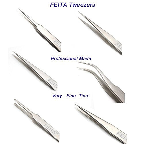 Professional Tweezers Set - FEITA Precision Tweezers with Travel Case - Stainless Steel Tweezers for Plucking, Watchmakers, Jewelry, Electronic, Craft (Silver 7Pcs) - color: Silver Tweezers - 7pcs