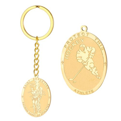 Dreamtimes St. Sebastian Medal Keychain for Men Women Stainless Steel Religious Saint Patron of Athletes Catholic Keychain - style: Hockey-g