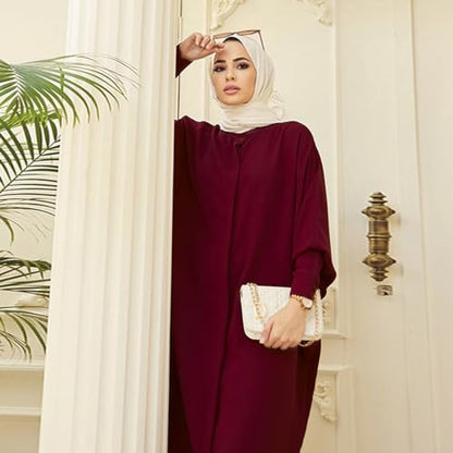 ODIZLI Women's Ramadan Abaya Muslim Batwing Sleeve Shirt Prayer Dress Kaftan Dubai Islamic Loose Maxi Dress - color: Claret