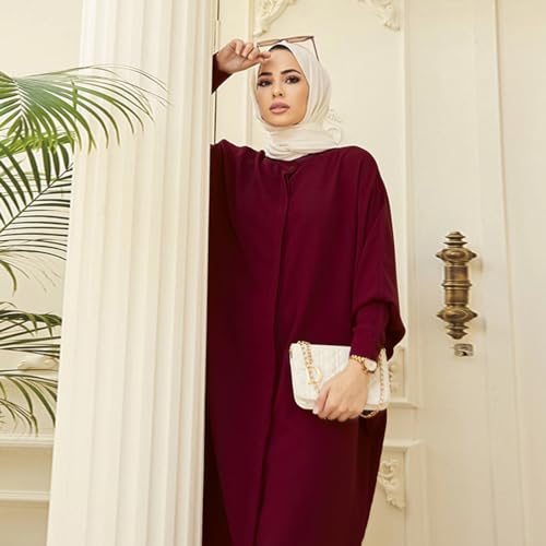 IBTOM CASTLE Womens Muslim Dress Ramadan Abaya Batwing Sleeve Henley Shirt Prayer Dress Kaftan Dubai Islamic Loose Maxi Dress - color: Burgundy