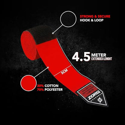 ZORQ Boxing Hand Wraps - Professional Mexican Style Semi-Elastic Handwraps for Boxing, MMA, Muay Thai & Kickboxing - 4.5M Inner Gloves with Thumb Loop & Secure Hook & Loop Closure - color: Black