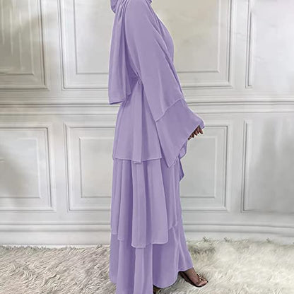 Abayas 여성용 무슬림 아바야 긴소매 맥시 드레스 루즈 풀 커버 이슬람 두바이 가디건 히잡 옷 S-XXL - color: 라이트 퍼플+히잡, size: Large