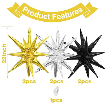 Silver Gold Star Balloons, 6PCS 22 Inch Foil Explosion Star Balloons - color: Gold Silver Black