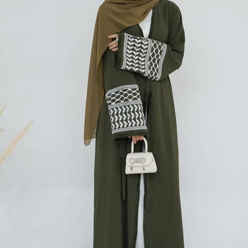 Muslim Abayas for Women Long Sleeve Embroidered Open Front Cardigan Turkey Dubai Maxi Kaftan Dress Ramadan Kimono with Belt - color: Army Green, size: Medium