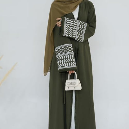 Muslim Abayas for Women Long Sleeve Embroidered Open Front Cardigan Turkey Dubai Maxi Kaftan Dress Ramadan Kimono with Belt - color: Army Green, size: Medium
