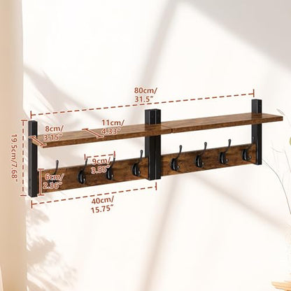 YMYNY Coat Rack Shelf Wall Mounted, Coat Hooks Set of 2, Entryway Coat Hanger with 8 Hooks, 31.5" Wall Floating Shelf with Hat Rack, for Kitchen, Bedroom, Bathroom, Rustic Brown UHWS001H-2 - color: Rustic Brown, size: 31.5"-2 pack