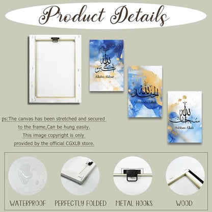 CGXLB 3 Piece Islamic Wall Art Gold & Blue Arabic Script Picture Religious Artwork Muslim Home Decor for Prayer Room Mosque 24"x36"x3 - size: 24"x36"x3