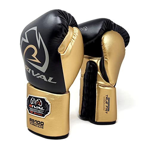 RIVAL Boxing RS100 Professional Lace-Up Sparring Gloves, Handcrafted with Super-Rich Microfiber PU, Ergonomically Designed to Perfectly Fit Your Hand - color: Black/Gold, size: 16 oz.