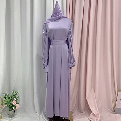 OBEEII Muslim Dress for Women Loose Full Cover Long Abaya Satin Dress Kaftan Abayas Islamic Robe S-XXL - color: Purple+hijab, size: Small
