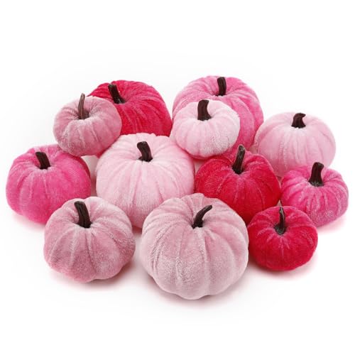 Bigmeta Fall Velvet Pink Pumpkins Halloween Decor- 3 Sizes Small Pumpkin Gifts for Autumn Farmhouse Home Thanksgiving Party Table Centerpiece Decorations, 12Pcs
