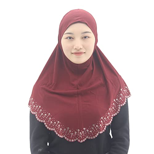 Instant Hijab Scarf for Women Muslim Women Clothing Headscarf for Girls with Czech Rhinestone - color: Wine Red-wavy Edge