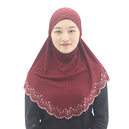 Instant Hijab Scarf for Women Muslim Women Clothing Headscarf for Girls with Czech Rhinestone - color: Wine Red-wavy Edge