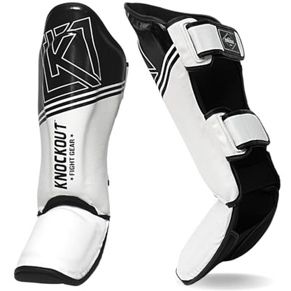 Muay Thai Shin Guards MMA Martial Arts -Padded, Adjustable Leg Guards with Instep Protection for Training and Sparring Gear Kickboxing Equipment – Durable, Professional - color: Black/White, size: Large-X-Large