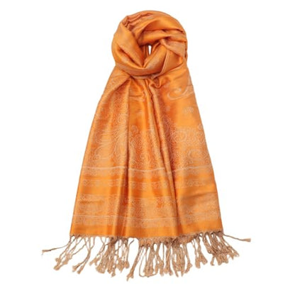 Reversible Paisley Pashmina Rave Scarf Shawl-Soft Silky Pashmina Wraps for Women Evening Dresses - color: E#. Style 5-camel Orange