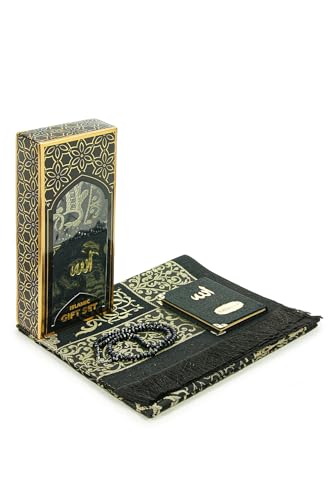 ihvan online Taffeta Muslim Prayer Rug, Velvet Covered Yaseen Surah Pocket Size Book, Prayer Beads Set with Kraft Boxed, Dowry Box for Men & Women, Islamic Ramadan Eid & Wedding Gifts, Black - Gold - color: Black - Gold