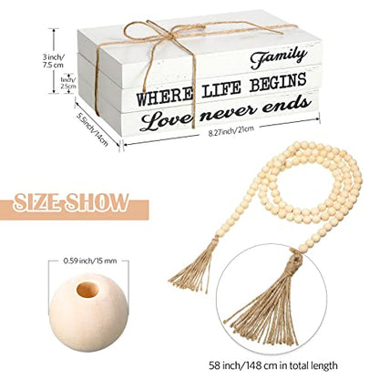 Jetec 3 Pcs Decorative Display Books White Home Decor Coffee Table Faux Stacked Fake Decorative Books with Wood Bead Tassels for Shelves Kitchen Entryway Living Room, 58 Inch, Family Where Life Begins - style: Family Where Life Begins