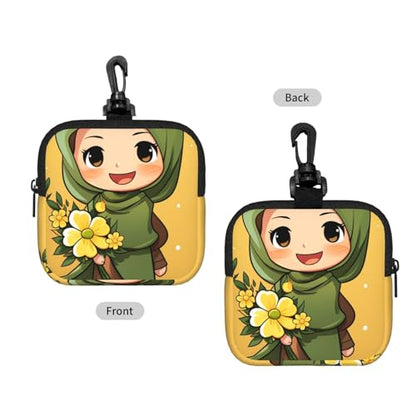 Small Neoprene Pouch, Mini Portable Makeup Bag With Carabiner Keychain Waterproof Travel Coin Purse Storage Bag Cartoon Muslim Girl Clutch Cosmetic Organizer For Women