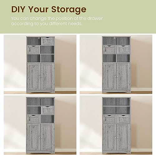 Iwell Storage Cabinet with 2 Drawers & Adjustable Shelf, Tall Bathroom Cabinet with Doors, Cupboard, Kitchen Cabinets for Living Room, Dining Room, Entryway, Grey - color: Grey, 2 Drawers