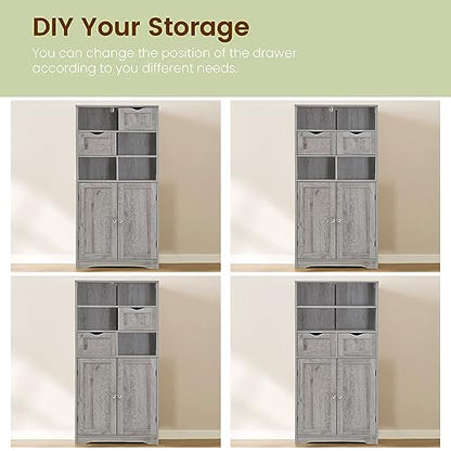 Iwell Storage Cabinet with 2 Drawers & Adjustable Shelf, Tall Bathroom Cabinet with Doors, Cupboard, Kitchen Cabinets for Living Room, Dining Room, Entryway, Grey - color: Grey, 2 Drawers