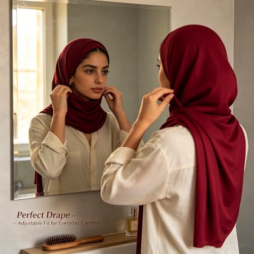 Jersey Hijab Scarf for Women,Lightweight Muslim Turban Head Scarf Modal Feel Hijab Coverings for Prayer with Clip - color: Dark Red